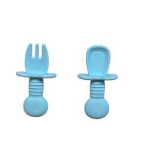 Mini cubiertos silicona punti celeste -
