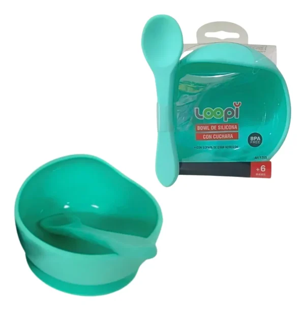 Plato bowl loopi silicona c/ cuchara verde -