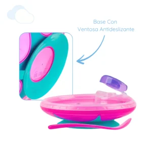 Plato termico con cuchara y sopapa rosa nuby -