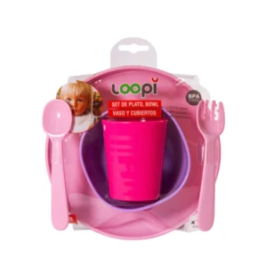 Set plato+bowl+vaso+cubiertos rosa loopi