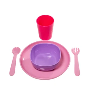 Set plato+bowl+vaso+cubiertos rosa loopi