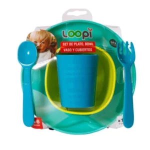 Set plato+bowl+vaso+cubiertos verde loopi