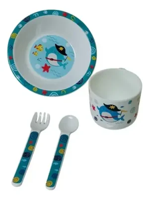 Set de plato + taza + cubiertos aqua