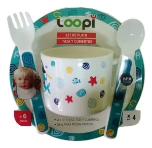 Set de plato + taza + cubiertos aqua