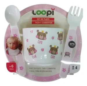 Set de plato + taza + cubiertos rosa