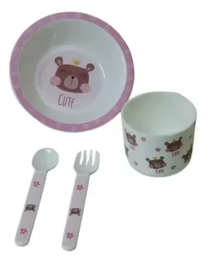 Set de plato + taza + cubiertos rosa